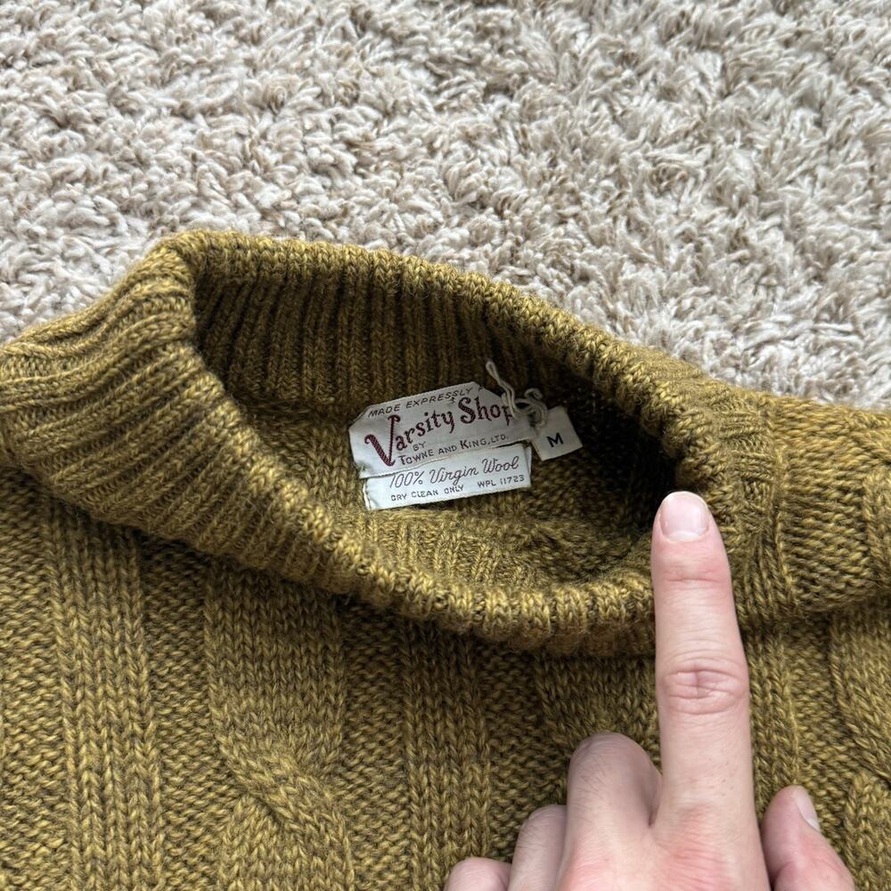 Vintage Varsity Shop Towne And King Cable Knit Wool Sweater Size M Green Brown - Picture 3 of 10
